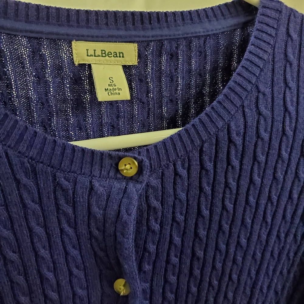 LL Bean Cableknit Button Cardigan Sweater Women Small Blue Cotton Stretch Preppy - Picture 3 of 6
